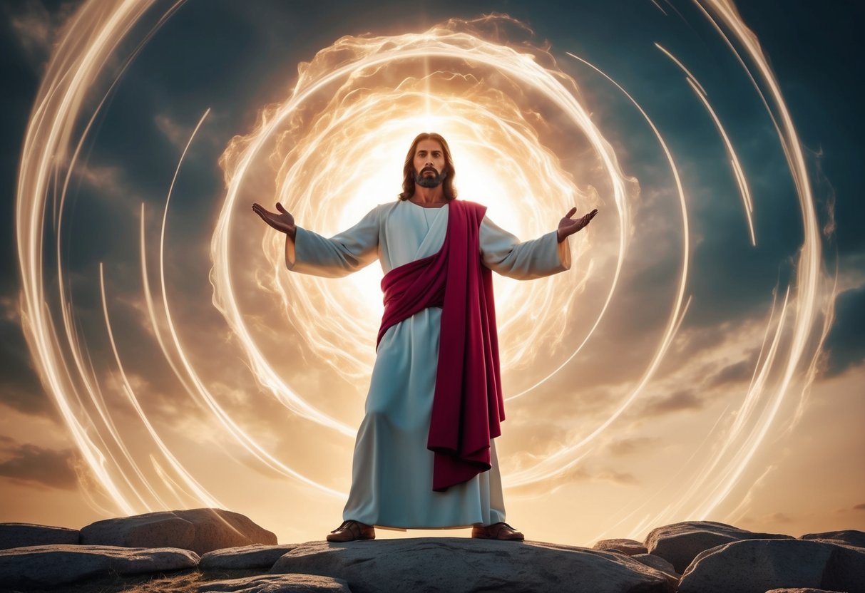 Jesus stands in a dramatic pose, surrounded by swirling energy and radiating power, reminiscent of a Jojo character's iconic stance