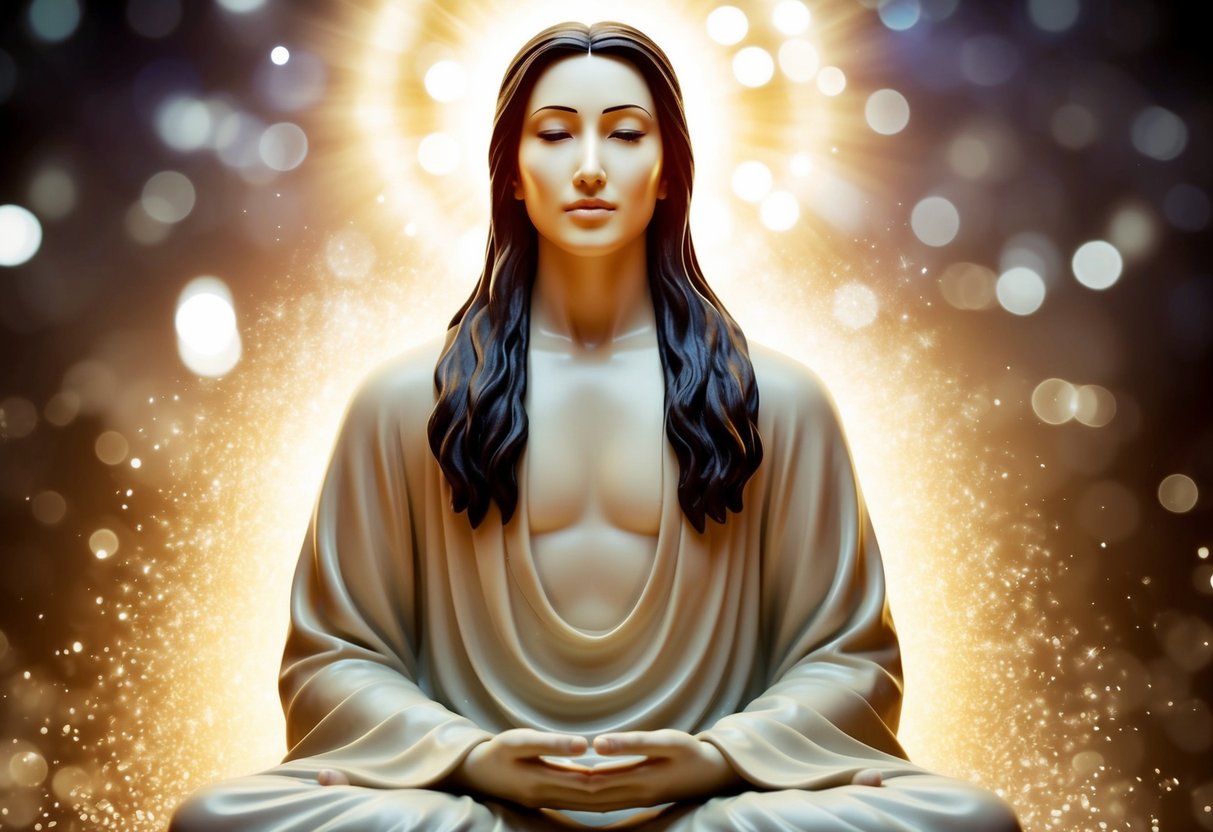 A figure with long hair and a serene expression, surrounded by a glowing aura and emanating a sense of wisdom and compassion