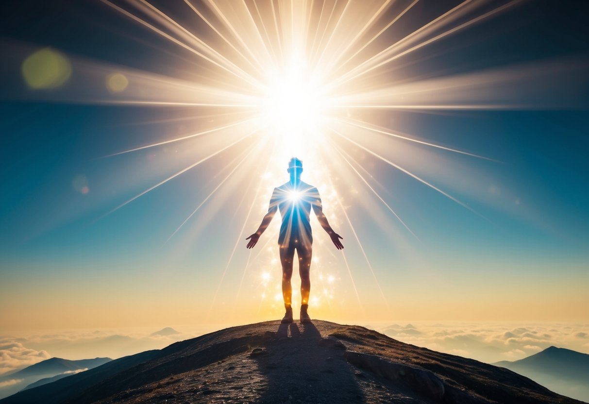A radiant figure stands on a mountaintop, surrounded by a glowing aura, as beams of light emanate from above, symbolizing divine presence