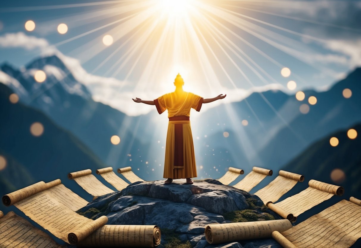 A radiant figure stands on a mountain, surrounded by ancient scrolls and symbols. Rays of light emanate from above, illuminating the figure's presence