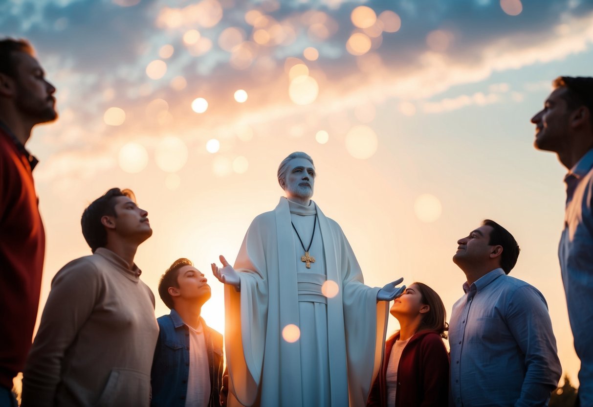 A serene figure stands among a group, emanating warmth and compassion, surrounded by people looking up with reverence and love