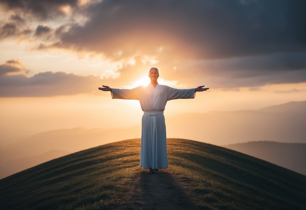 A serene figure stands on a hill, surrounded by a warm glow, arms outstretched in a gesture of love and compassion