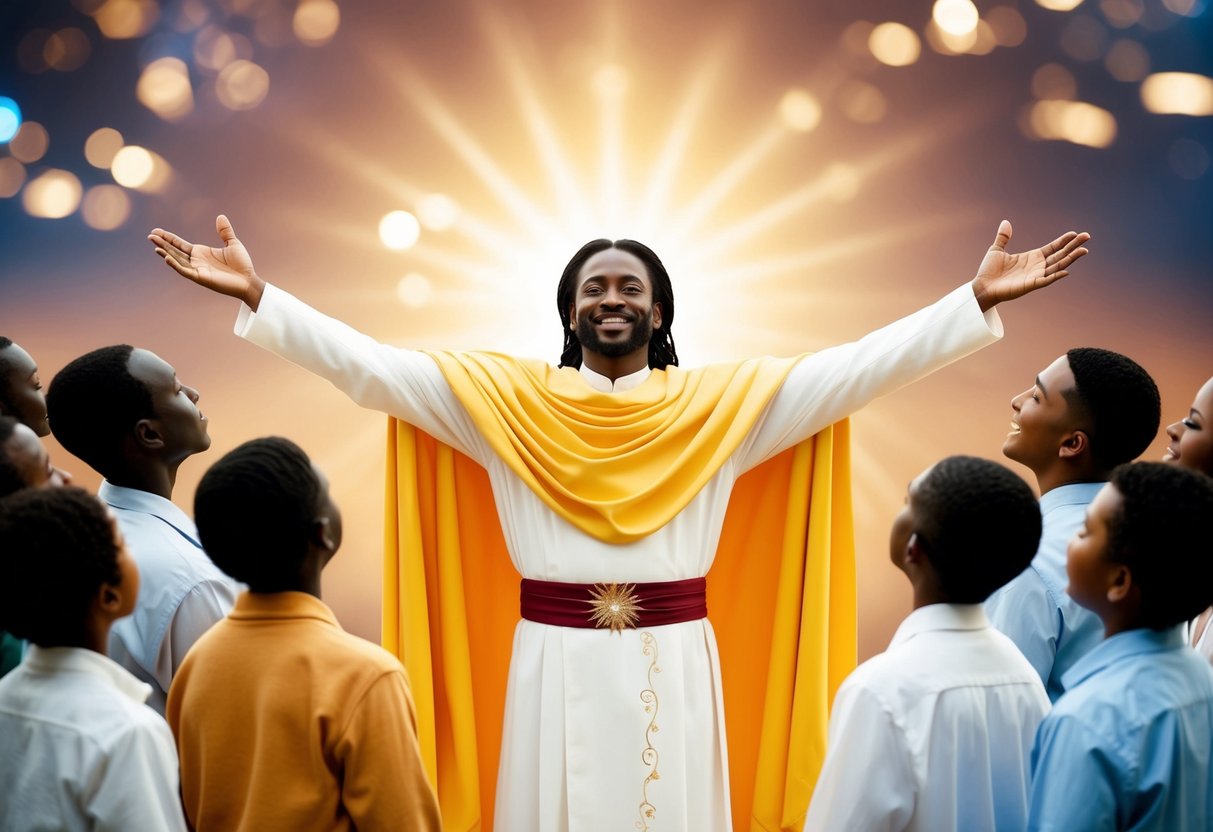 A radiant figure stands among a group, arms outstretched in a welcoming gesture. The others look up to him with reverence and love