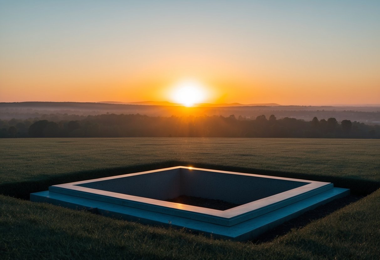 A serene landscape with a glowing sunrise over a calm, empty tomb