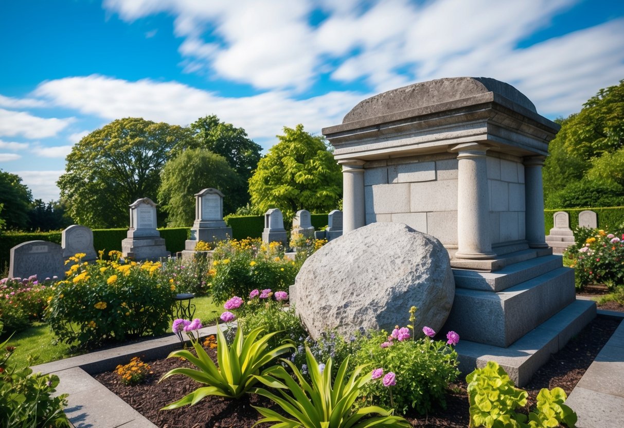 A stone tomb with a large round boulder in front, surrounded by a garden of flowers and plants