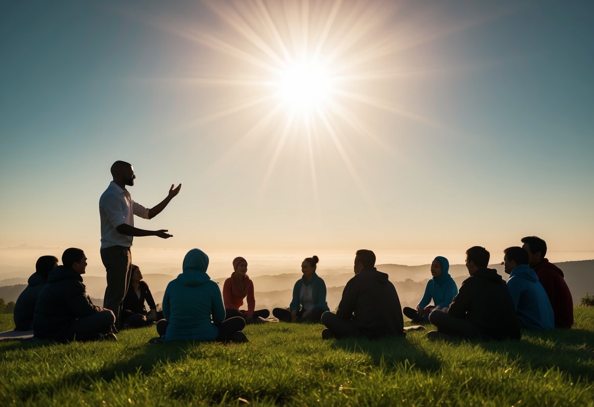 A serene landscape with a radiant sun shining down on a figure teaching a group of people gathered around him