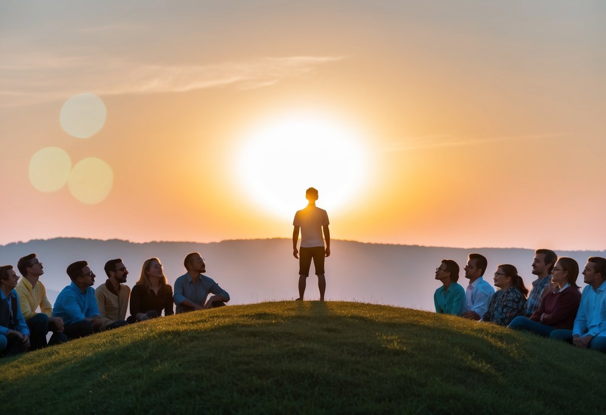 A serene landscape with a glowing sun and a figure standing on a hill, surrounded by a diverse group of people listening intently