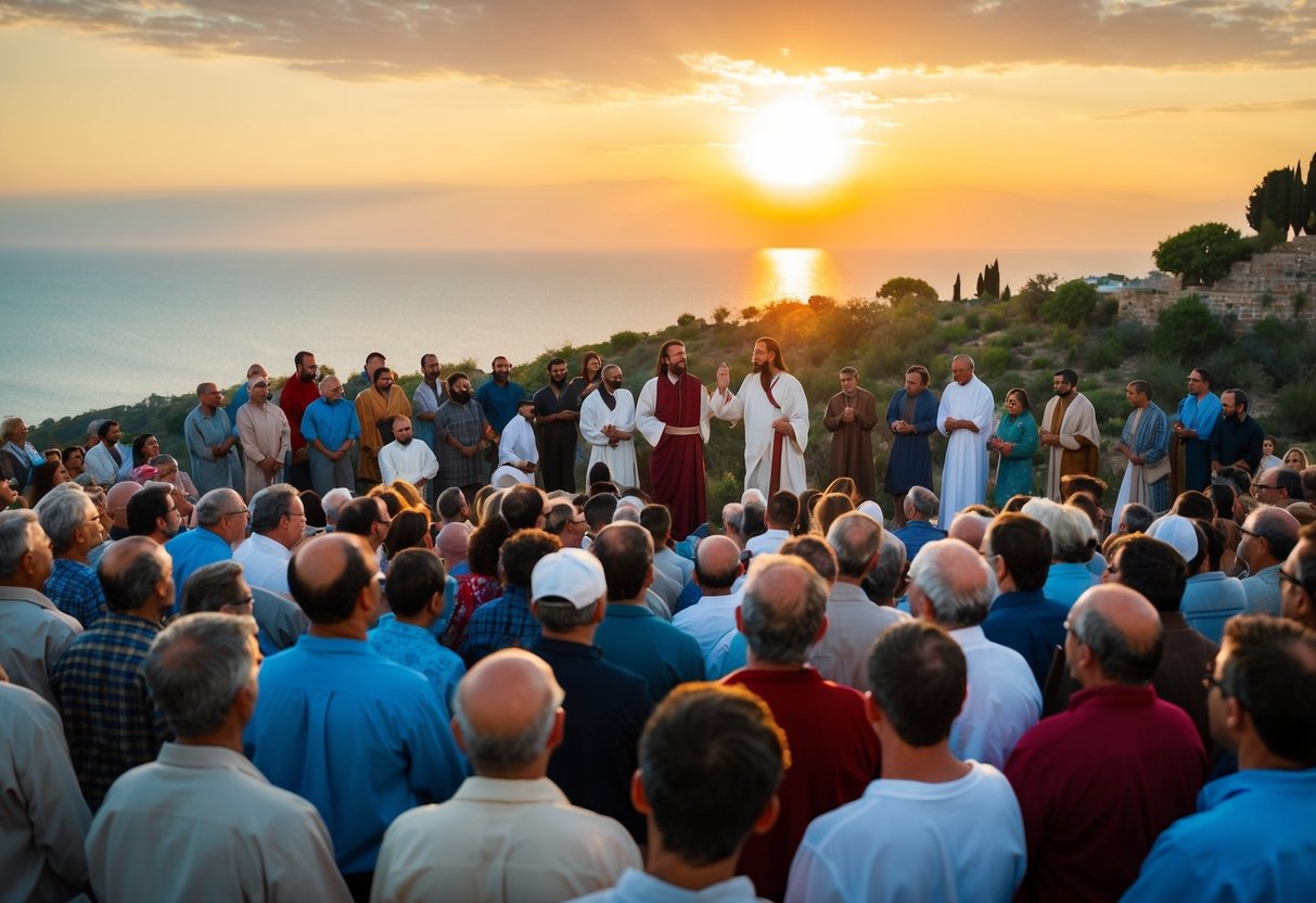 A crowd gathers to listen to Jesus speak on a hillside, with the sun setting behind him and the Sea of Galilee in the distance