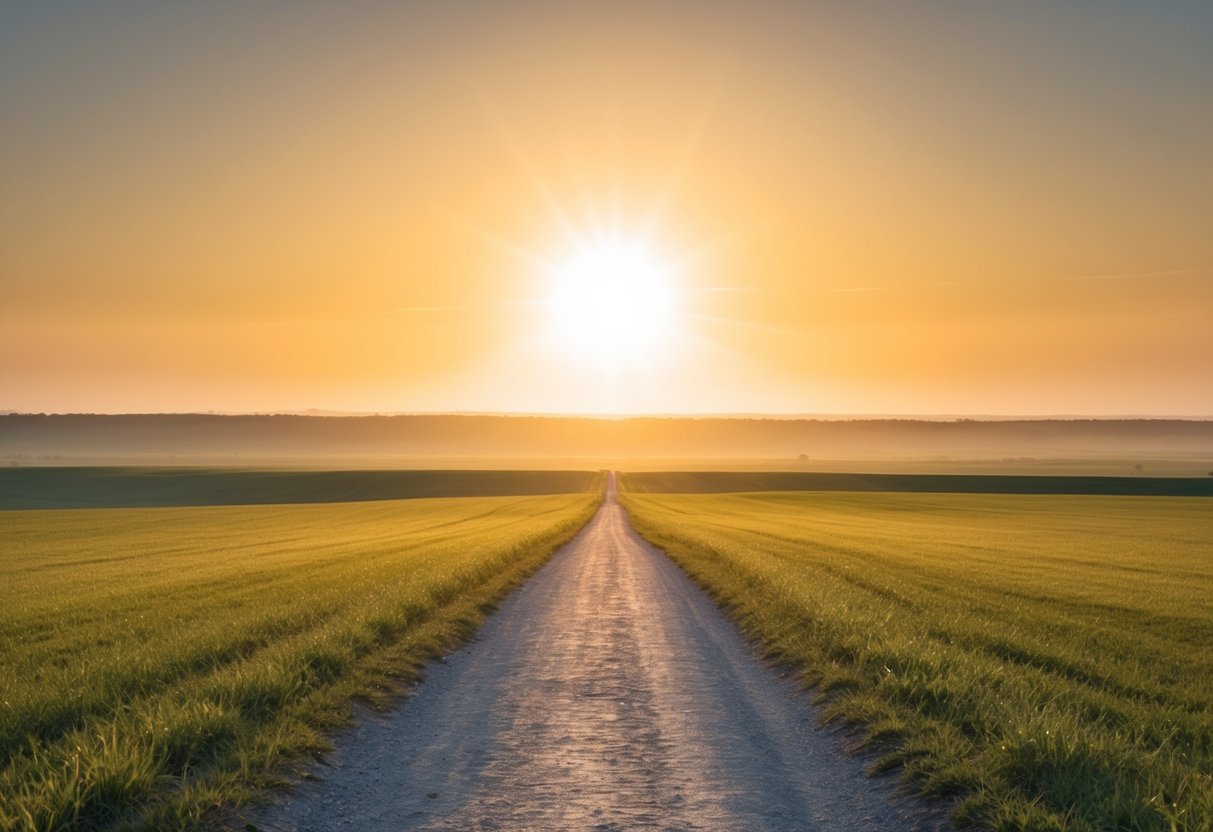 A serene landscape with a shining sun and a path leading to a distant horizon, symbolizing the message of hope and salvation in the Gospel