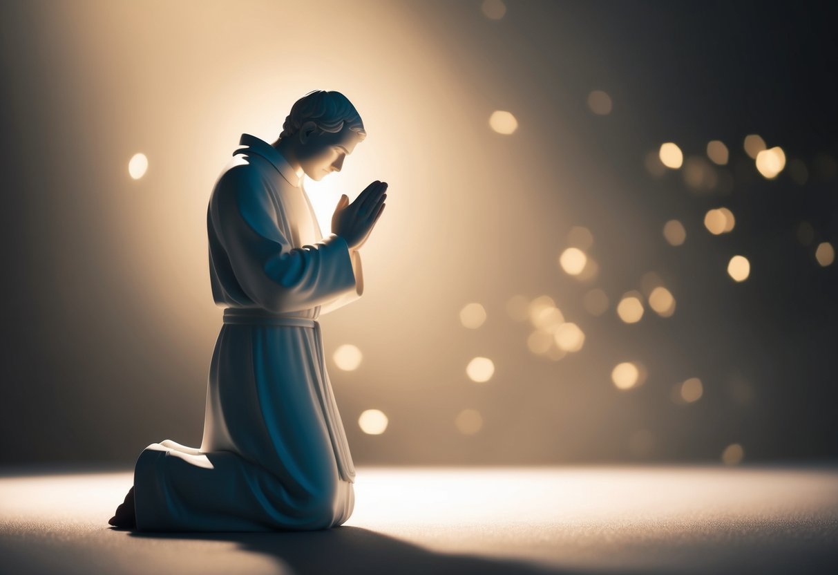 A figure bathed in light, kneeling in prayer with a sense of reverence and awe. A feeling of connection and peace emanates from the scene