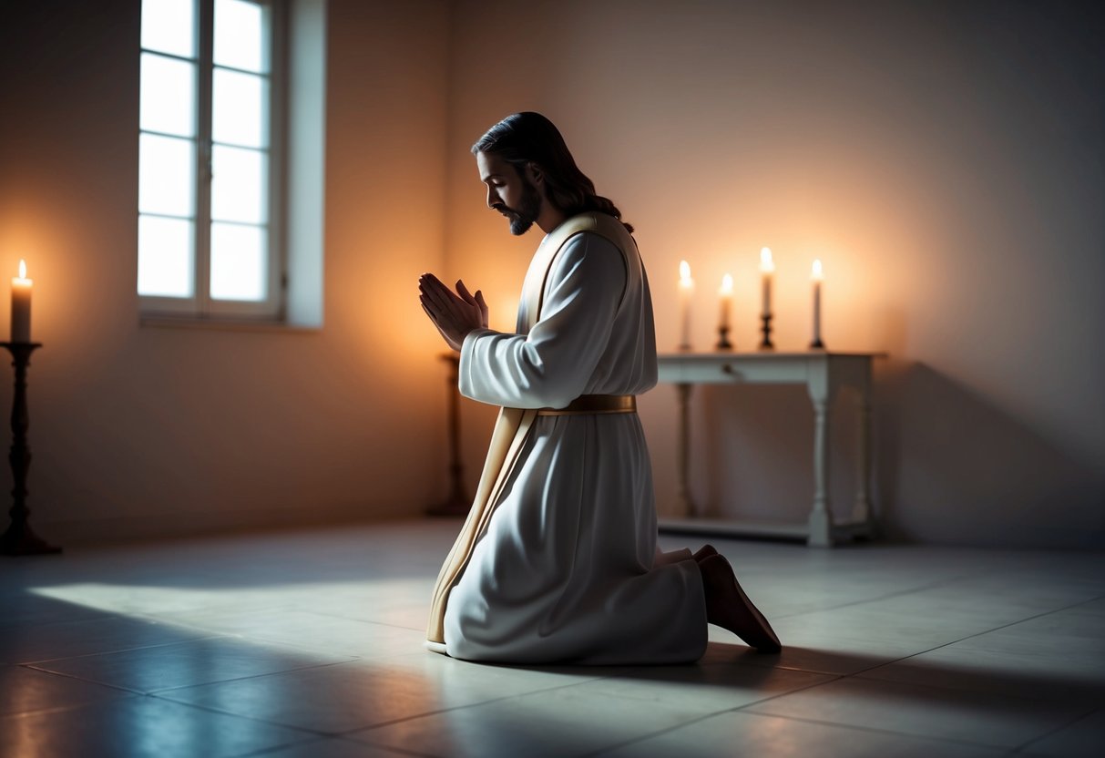 A figure kneeling in a peaceful, candlelit room, with hands clasped in prayer and a serene expression, as if preparing to speak with Jesus