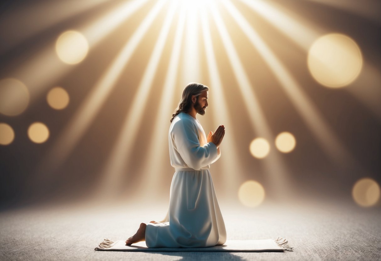 A figure kneeling in prayer, surrounded by a peaceful, serene atmosphere. Rays of light shining down, symbolizing communication with Jesus