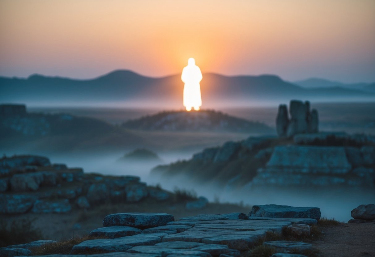 A serene, ancient landscape with a glowing, haloed figure in the distance