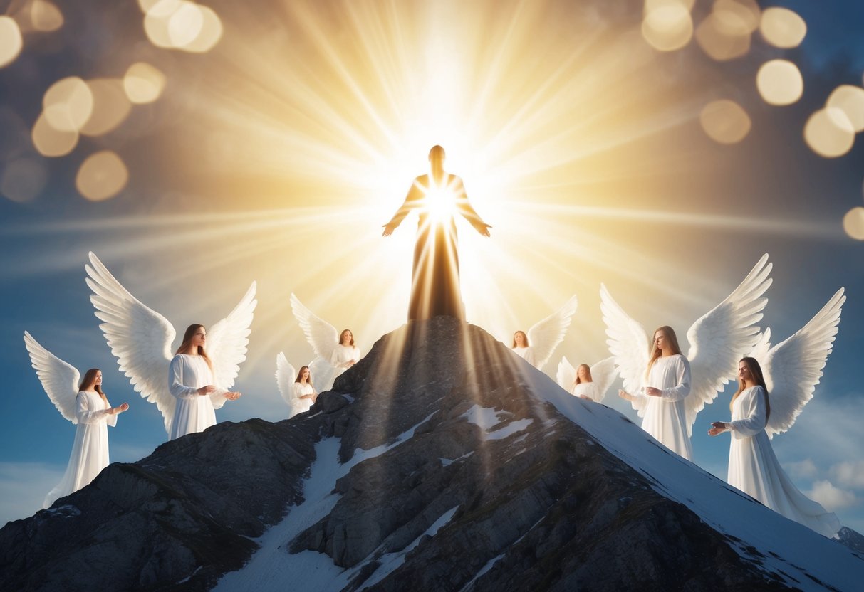 A radiant figure stands atop a mountain, surrounded by heavenly light and a gathering of angelic beings