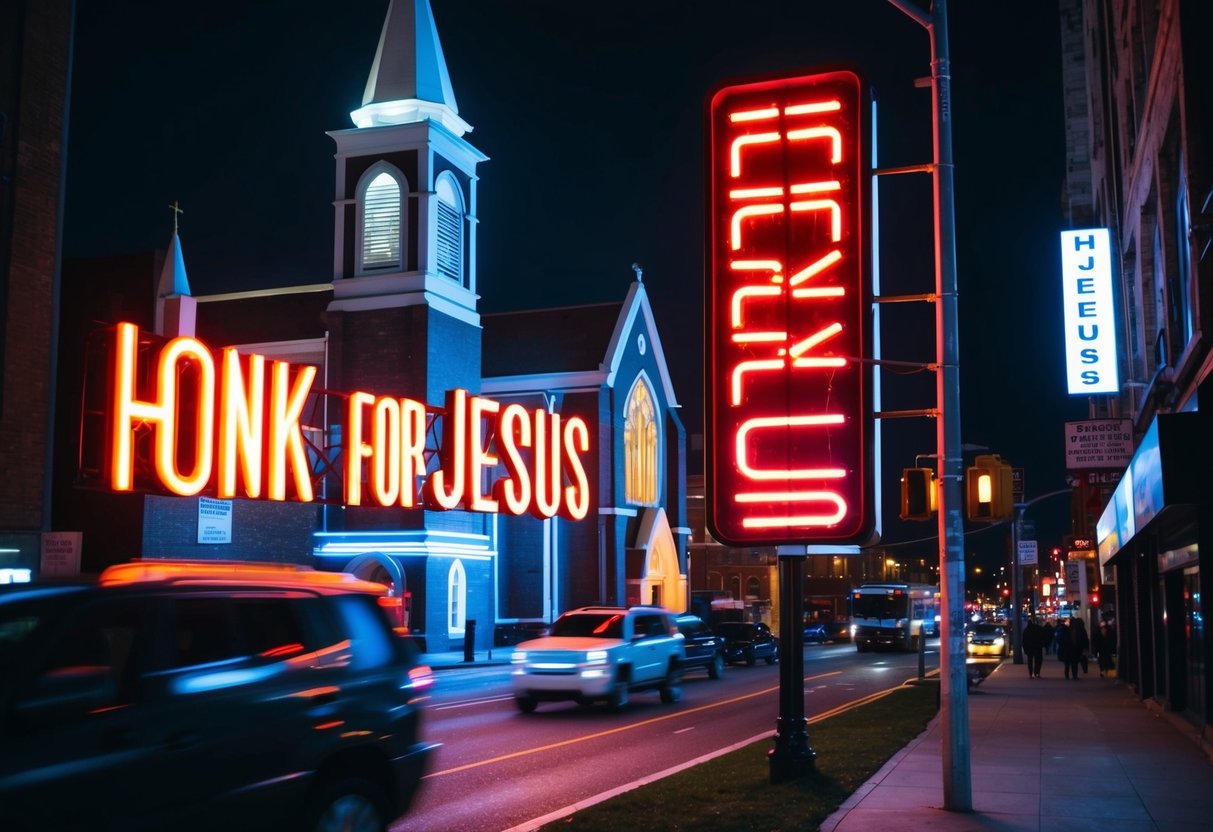 A church with a bright neon sign reading "Honk for Jesus" in a busy city street at night
