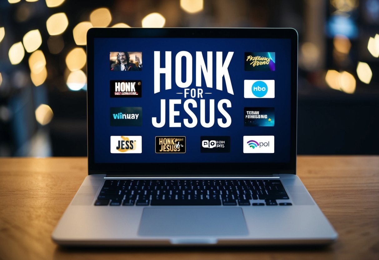 A laptop displaying 'Honk for Jesus' on various streaming platforms