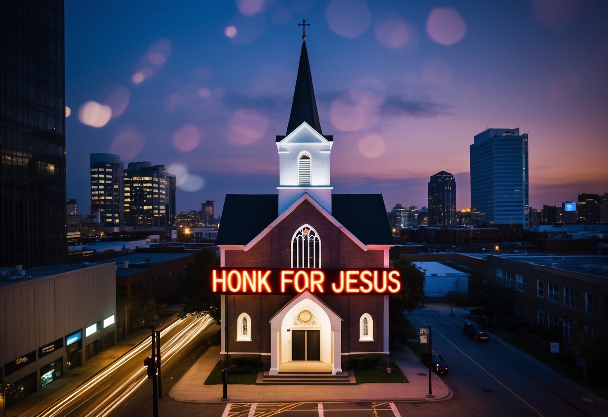 A church with a neon sign reading "Honk for Jesus" at night, surrounded by modern buildings and a bustling cityscape