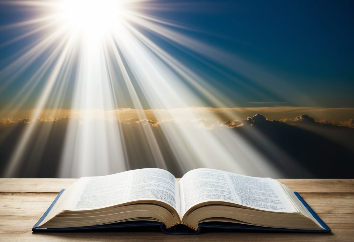 A radiant beam of light shining down from the heavens onto an open book, symbolizing the divine wisdom and truth embodied in the word of Jesus