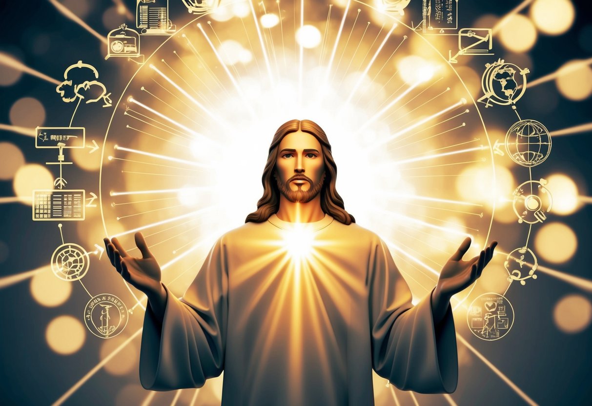 A radiant figure emanates light, surrounded by symbols of communication and knowledge, representing Jesus as the Word