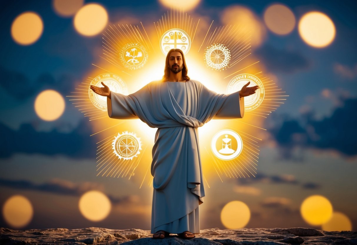 A radiant figure stands with open arms, surrounded by glowing symbols of knowledge and wisdom, representing Jesus as the Word