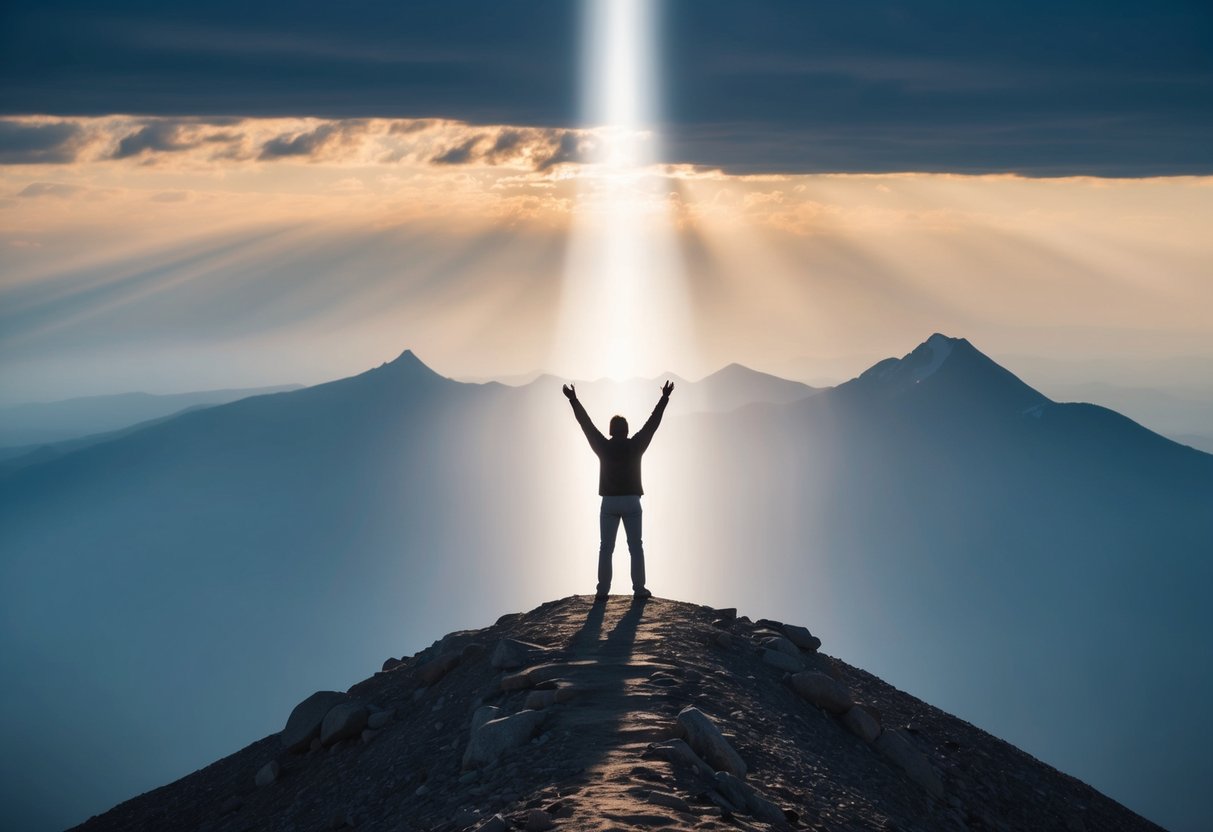A figure stands on a mountain peak, reaching towards the sky as light streams down, symbolizing a spiritual connection