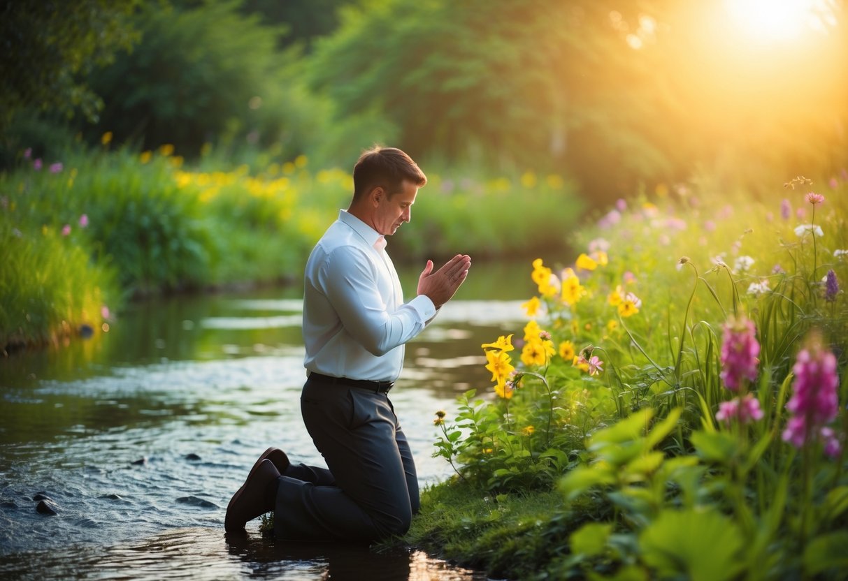 A person kneeling in prayer beside a tranquil stream, surrounded by lush greenery and vibrant flowers, with a warm, golden light shining down from above