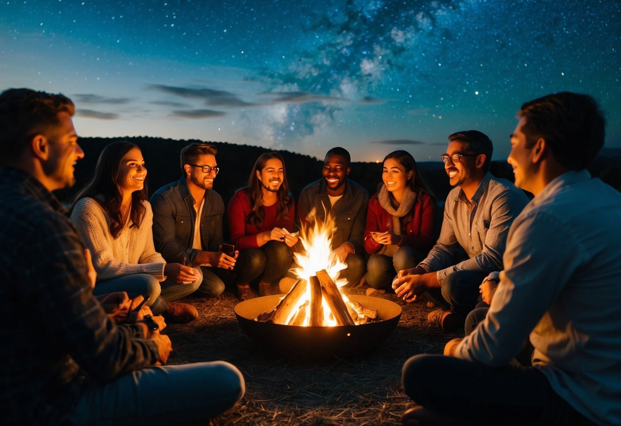 A group of diverse people gather around a glowing campfire, sharing stories and laughter under a starry sky