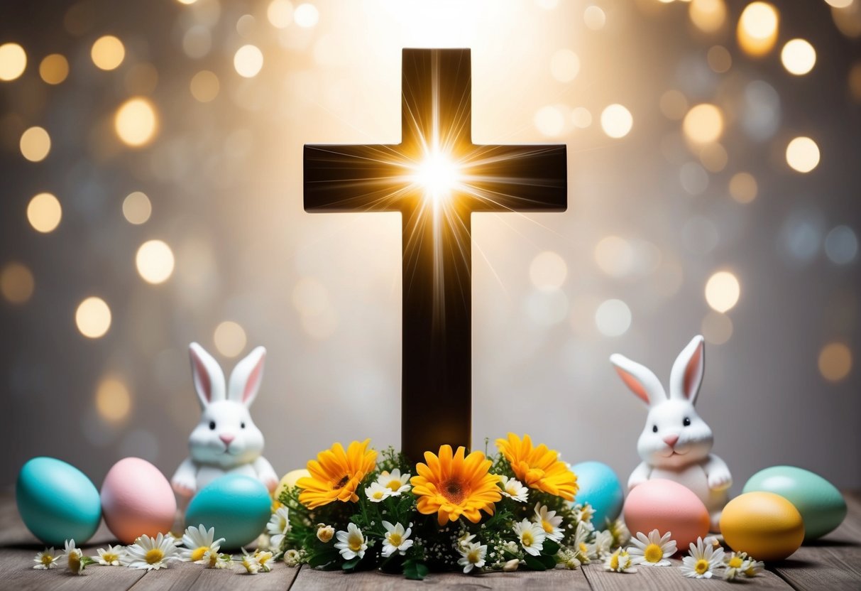 A cross with flowers at its base, surrounded by symbols of Easter such as eggs and bunnies, with a shining light above