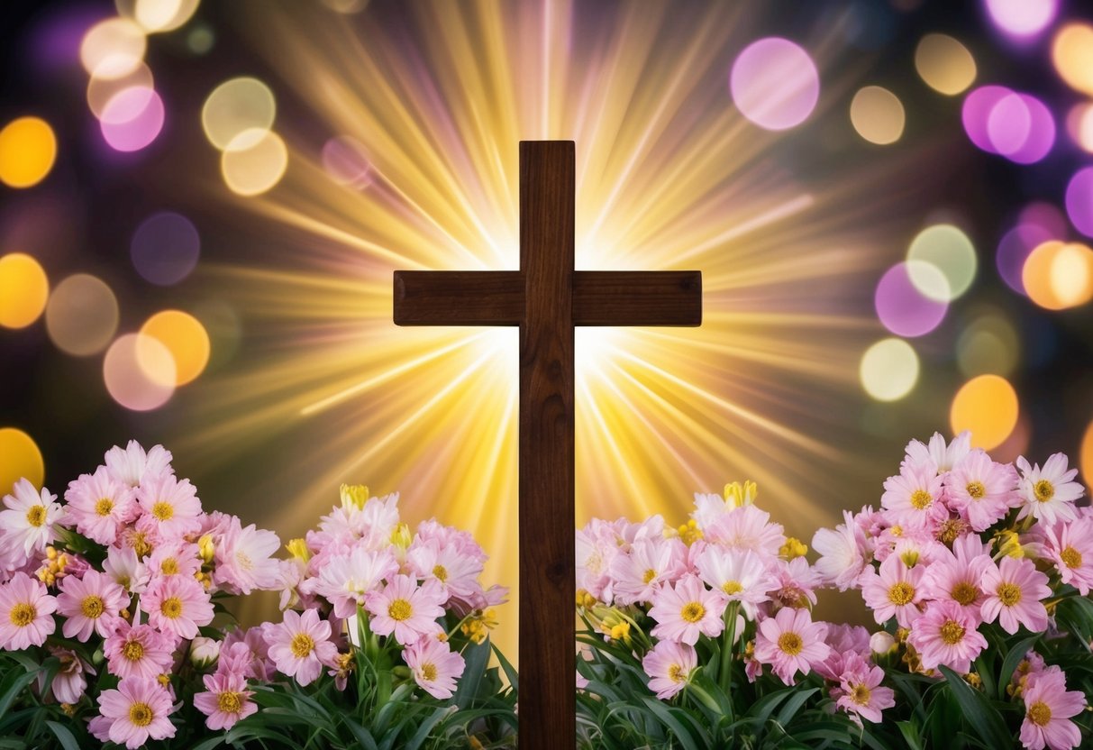 A radiant cross surrounded by blooming flowers, symbolizing the resurrection of Jesus and the theological significance of Easter