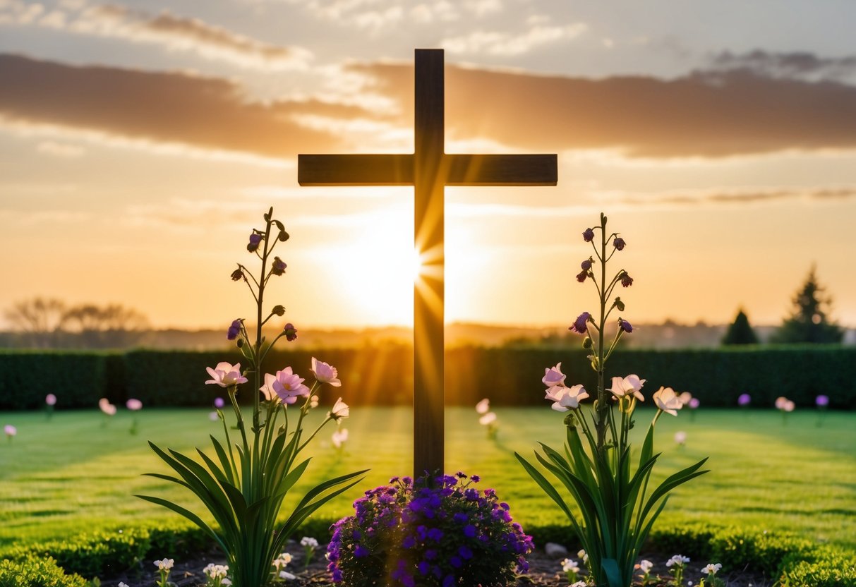 A serene garden with a cross, blooming flowers, and a radiant sunrise symbolizing the resurrection of Jesus during Easter celebrations