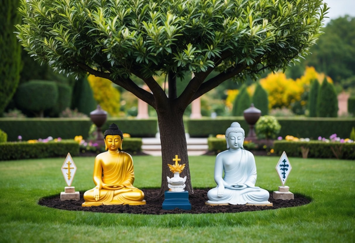 A serene garden with a tree at the center, with Jesus and Buddha sitting peacefully under it, surrounded by symbols of their respective faiths