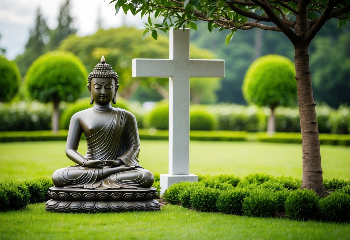 A serene garden with a bodhi tree and a cross, symbolizing the core philosophies and beliefs of Jesus and Buddha