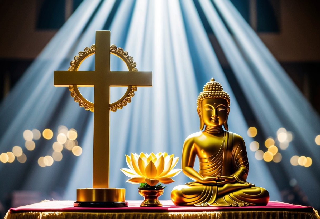 Jesus and Buddha's symbols, a cross and a lotus, stand side by side on an altar. Rays of light shine down from above, illuminating the sacred objects