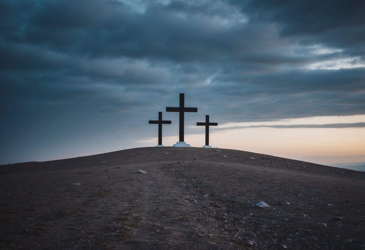 A barren hill with three crosses, a darkened sky, and a sense of solemnity
