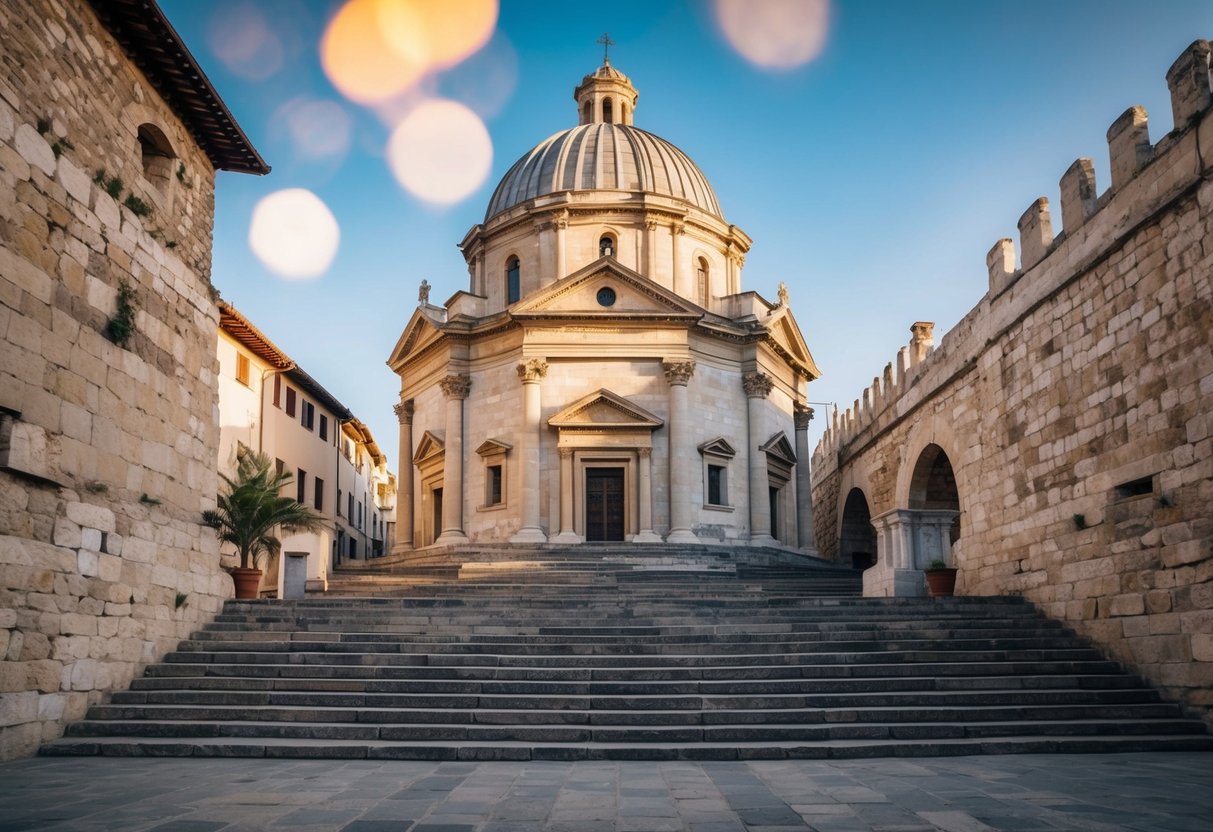 A stone church with a dome, surrounded by ancient walls and steps, set in a bustling city