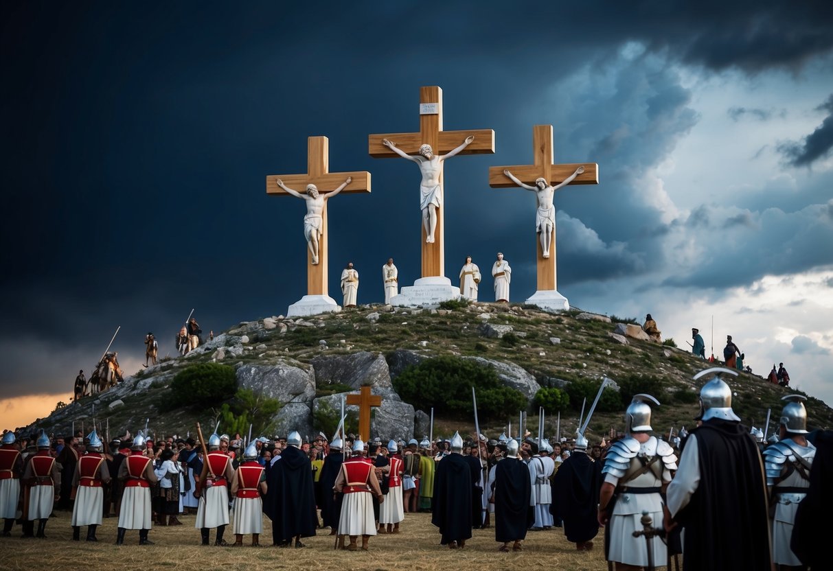 A rocky hill with three crosses atop, surrounded by a crowd of people and Roman soldiers. The sky is dark and stormy, and a sense of solemnity fills the air