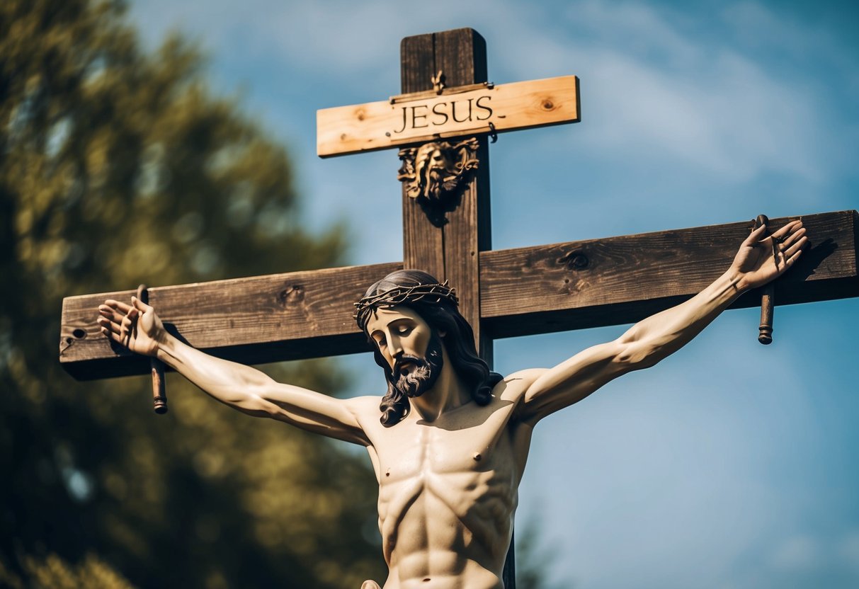 Jesus was crucified on a wooden cross, with nails through his feet and a sign above his head