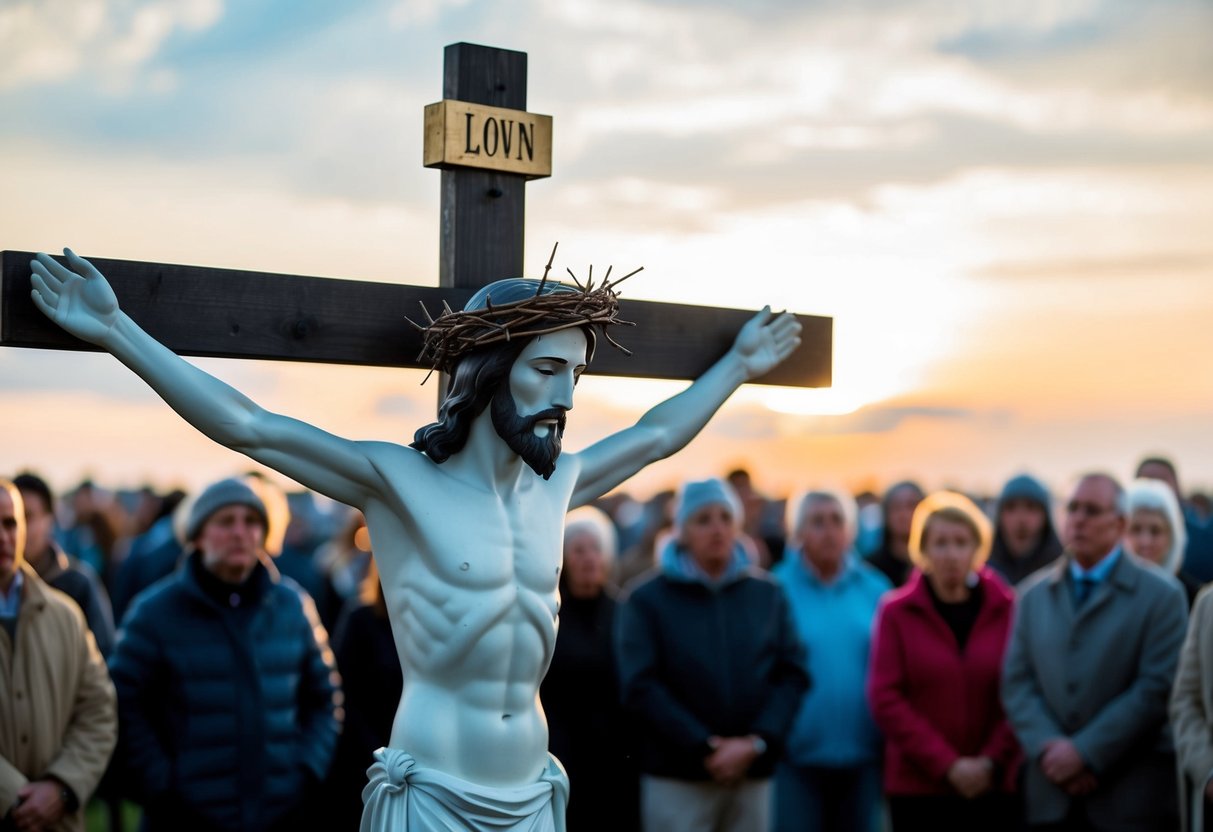 A lone figure on a cross, with a crown of thorns, surrounded by onlookers
