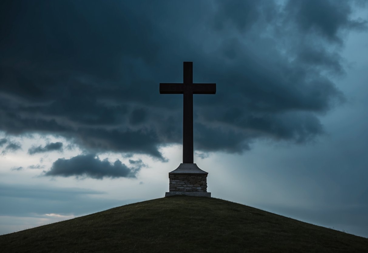 A lone cross stands on a hill, surrounded by dark storm clouds. The sky is filled with a sense of foreboding and sorrow