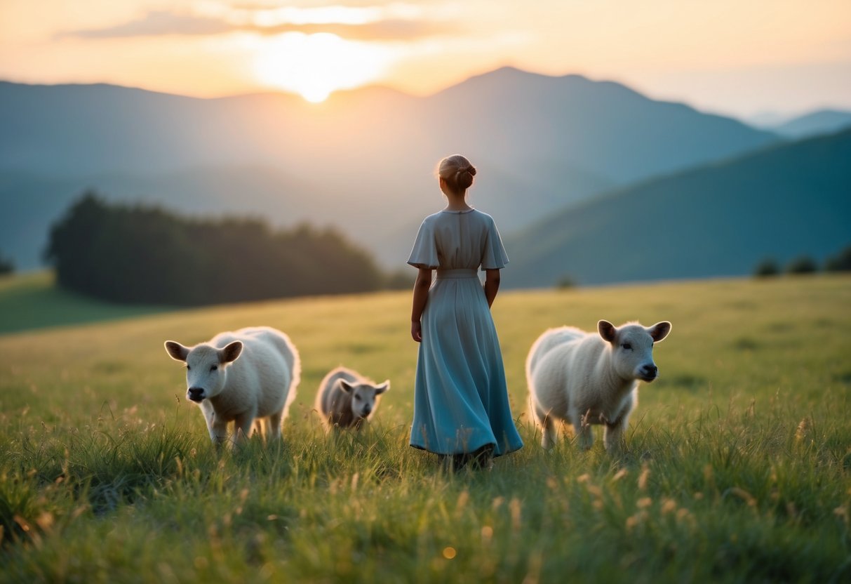 A figure stands in a peaceful, sunlit landscape, surrounded by gentle animals and a sense of calm and serenity