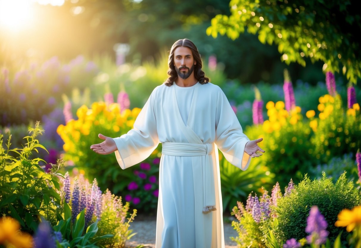 Jesus Christ standing in a serene, lush garden surrounded by colorful flowers and vibrant wildlife. The sun shines down, casting a warm and peaceful glow over the scene