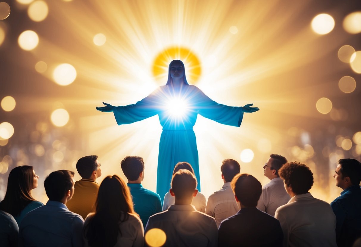 A radiant figure surrounded by light, casting a comforting and peaceful presence over a group of people
