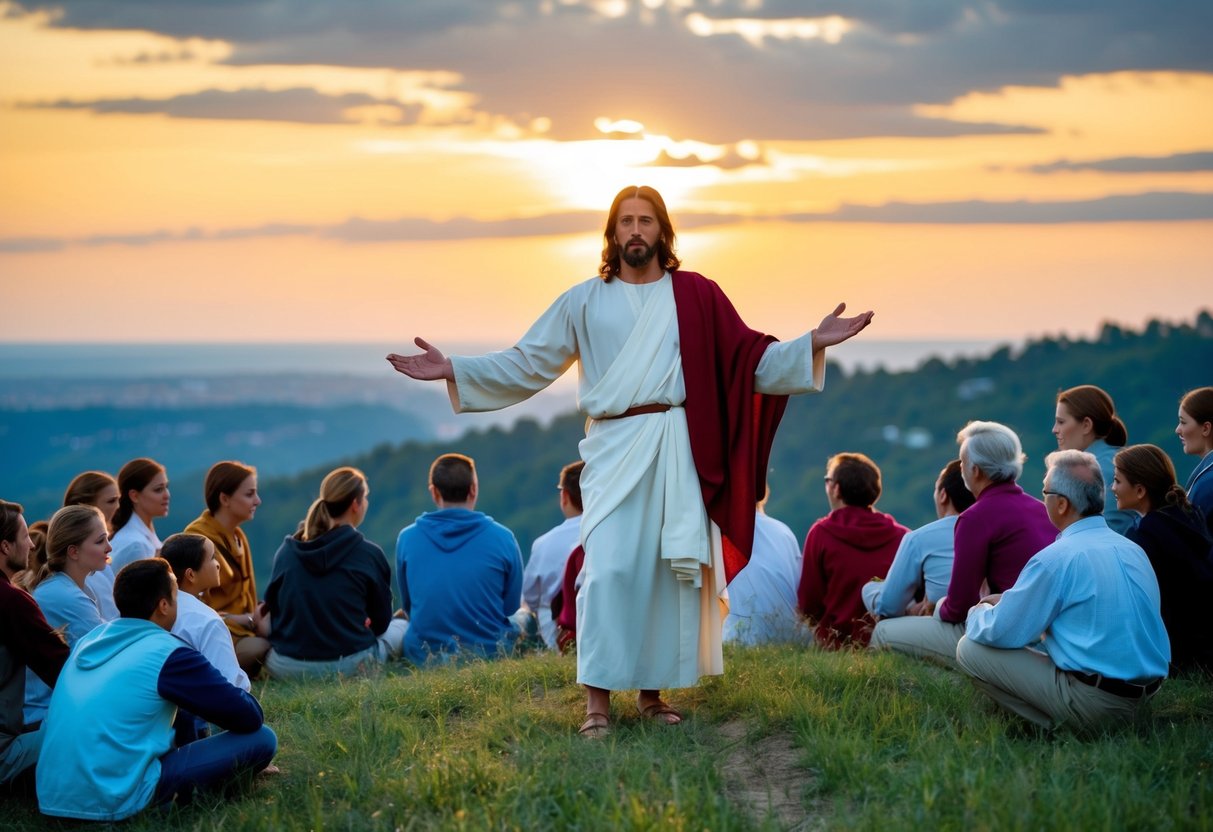 Jesus standing on a hill, surrounded by people, teaching and healing, while the sun sets behind him