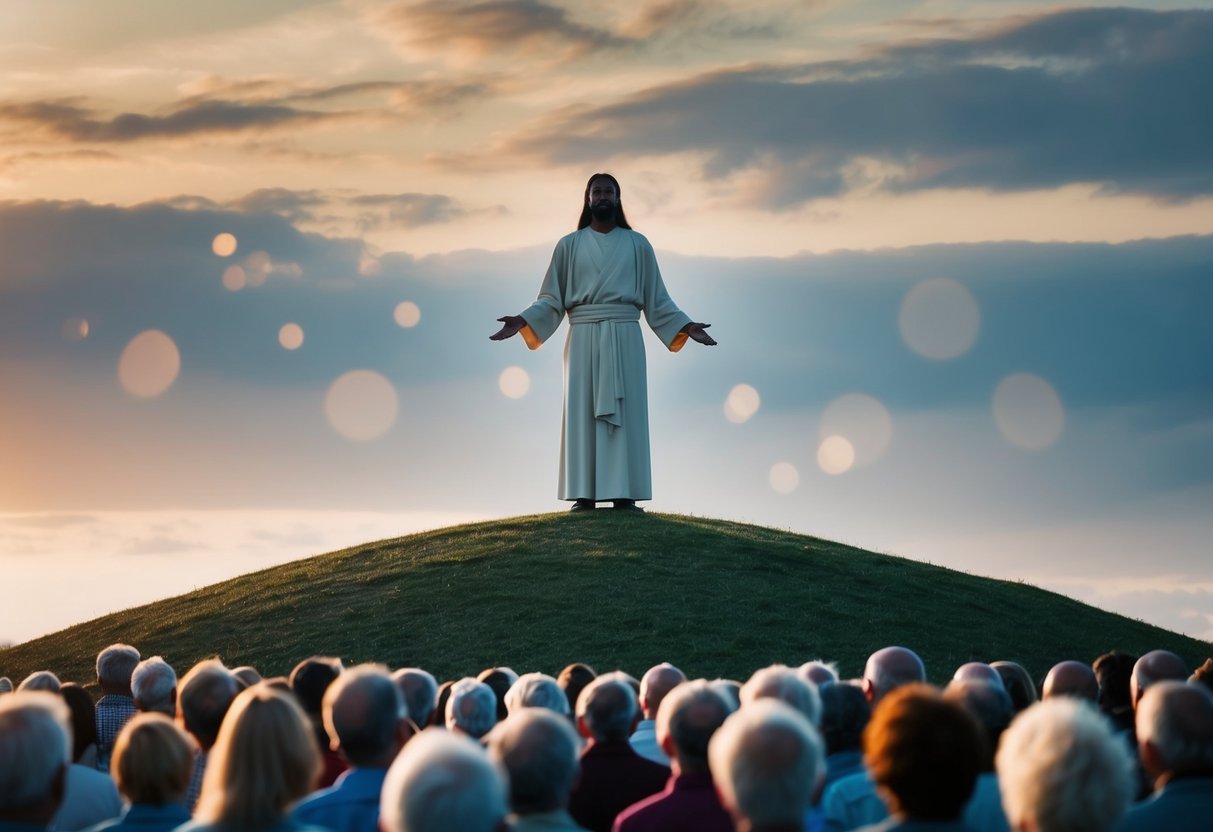 A figure standing on a hill, surrounded by a crowd. The figure's presence exudes wisdom and compassion, drawing listeners in