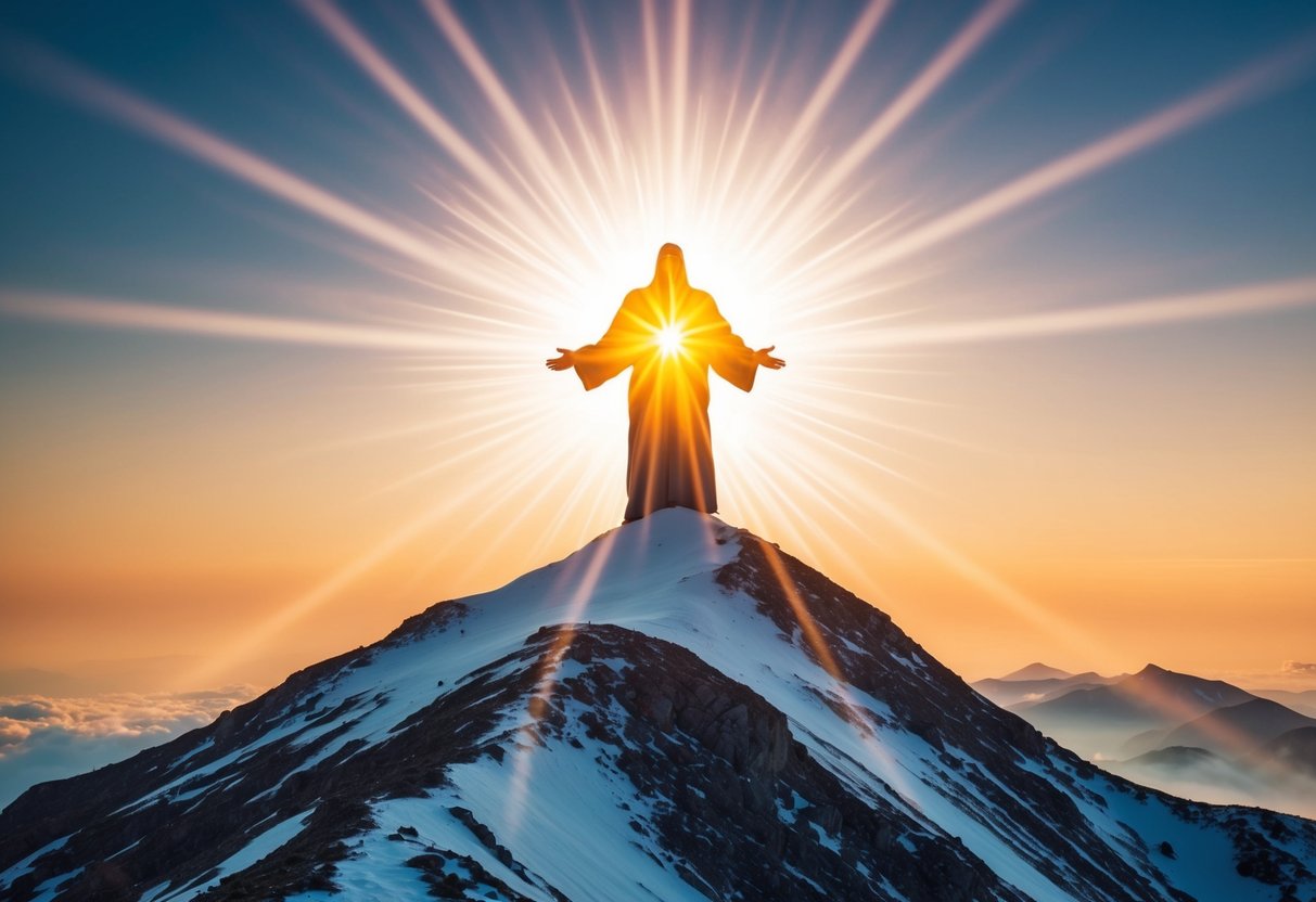 A radiant figure standing atop a mountain, surrounded by a glowing aura, as beams of light emanate from his presence, symbolizing the fulfillment of the law