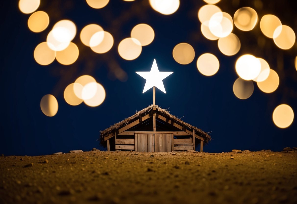A star shining over a humble stable in Bethlehem at night