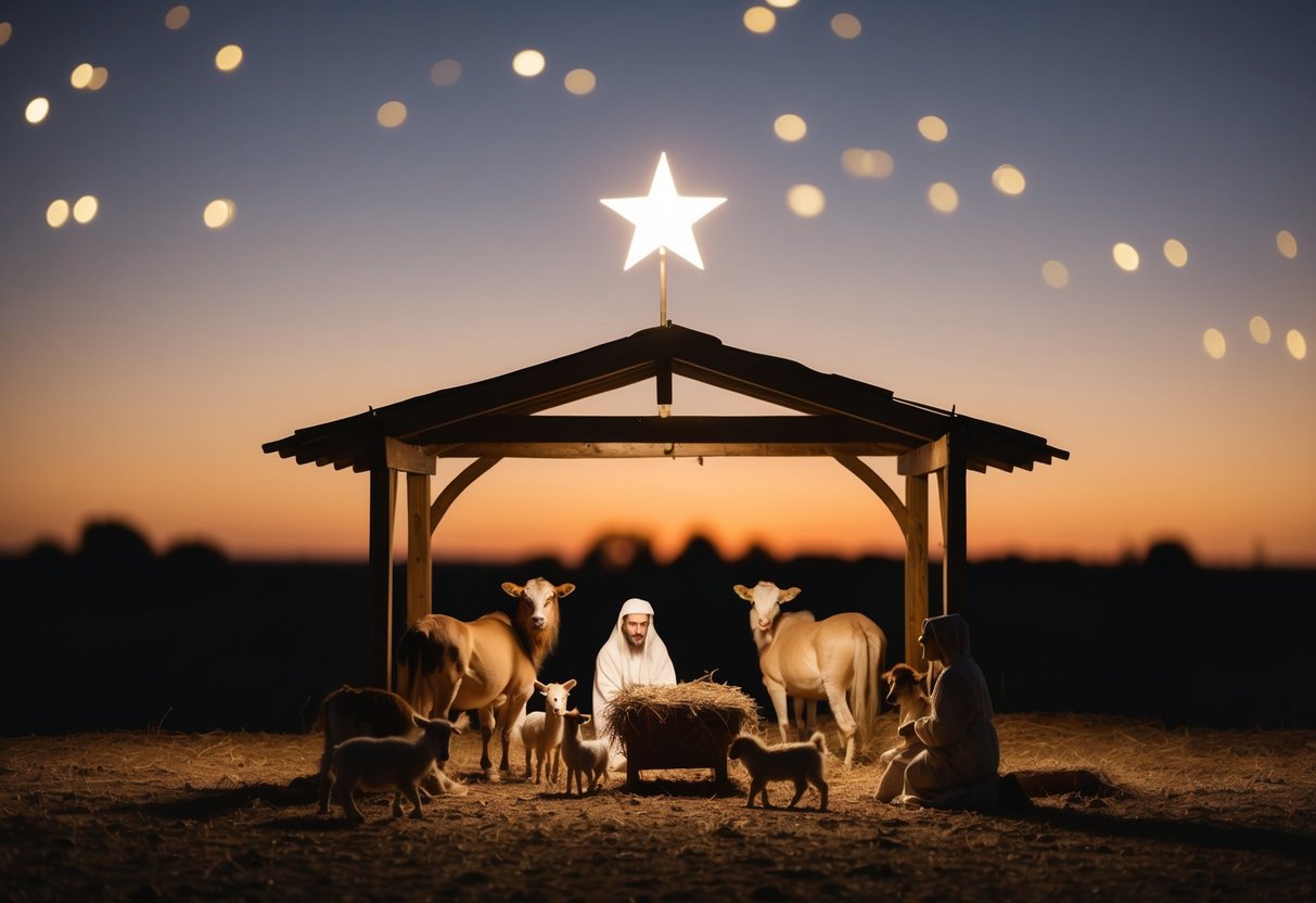 A star shines over a humble stable in Bethlehem, where animals gather around a manger