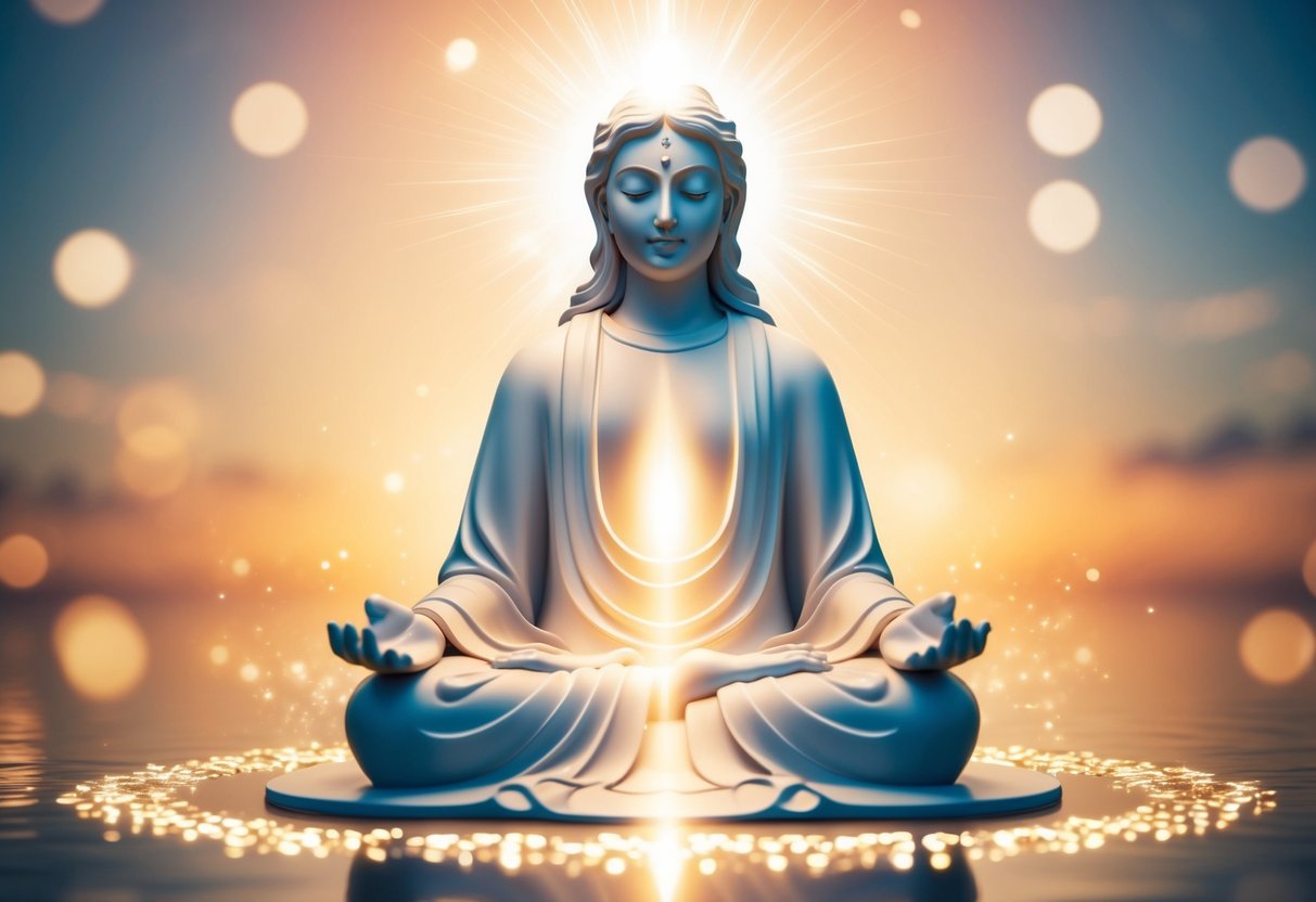 A serene figure surrounded by light, radiating compassion and love