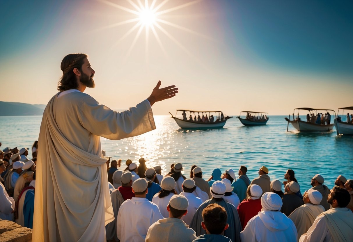 Jesus preaching to a crowd by the Sea of Galilee, with boats in the background and a radiant sun in the sky
