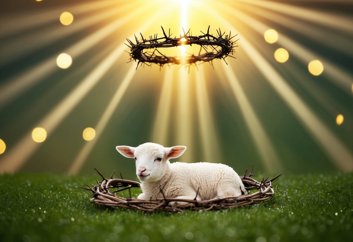 A glowing halo hovers above a lamb, a crown of thorns, and a shepherd's staff, surrounded by rays of light